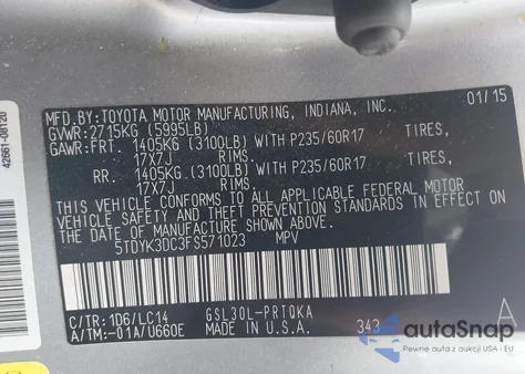 2015 Toyota Sienna Xle 8 Passenger z USA, uszkodzony, nr VIN 5TDYK3DC3FS571023